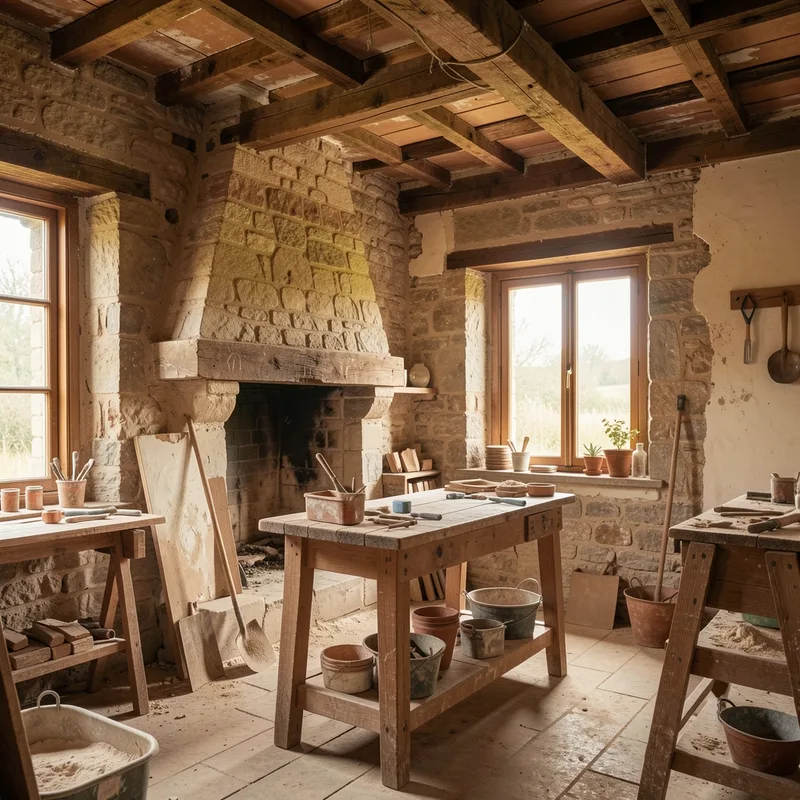 Façade en pierre d'une maison ancienne en cours de rénovation avec échafaudage et volets bois